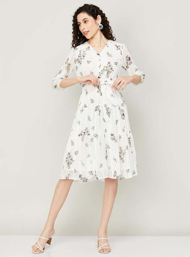 Women Floral Printed Belt Detail A-Line Dress