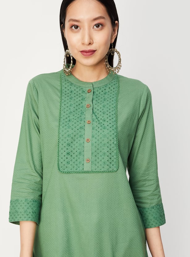 Women Schiffli Embroidered Mandarin Collar Kurta