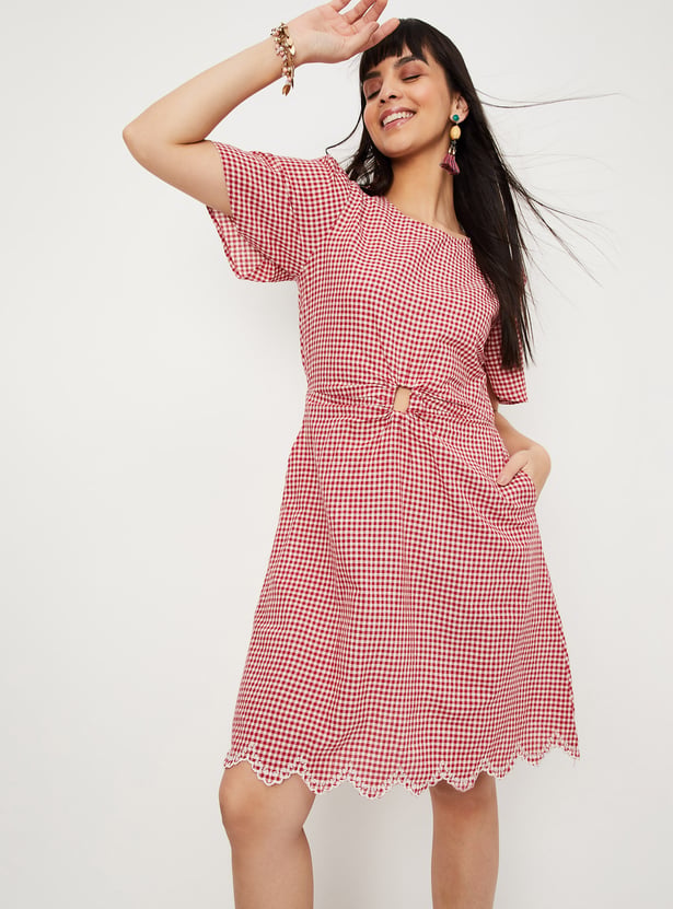 Women Gingham Checked Cut-Out Dress