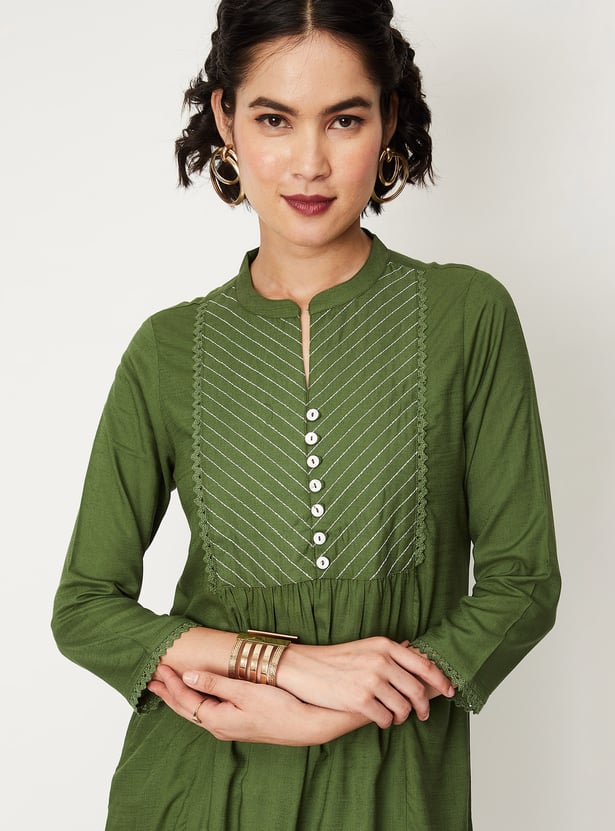 Women Embroidered Band Collar A-Line Kurta