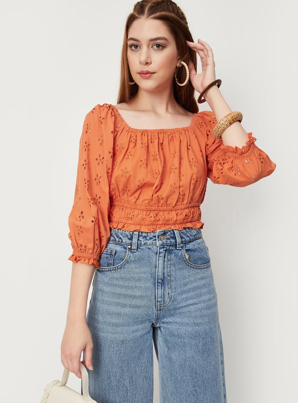Women Schiffli Peasant Crop Top